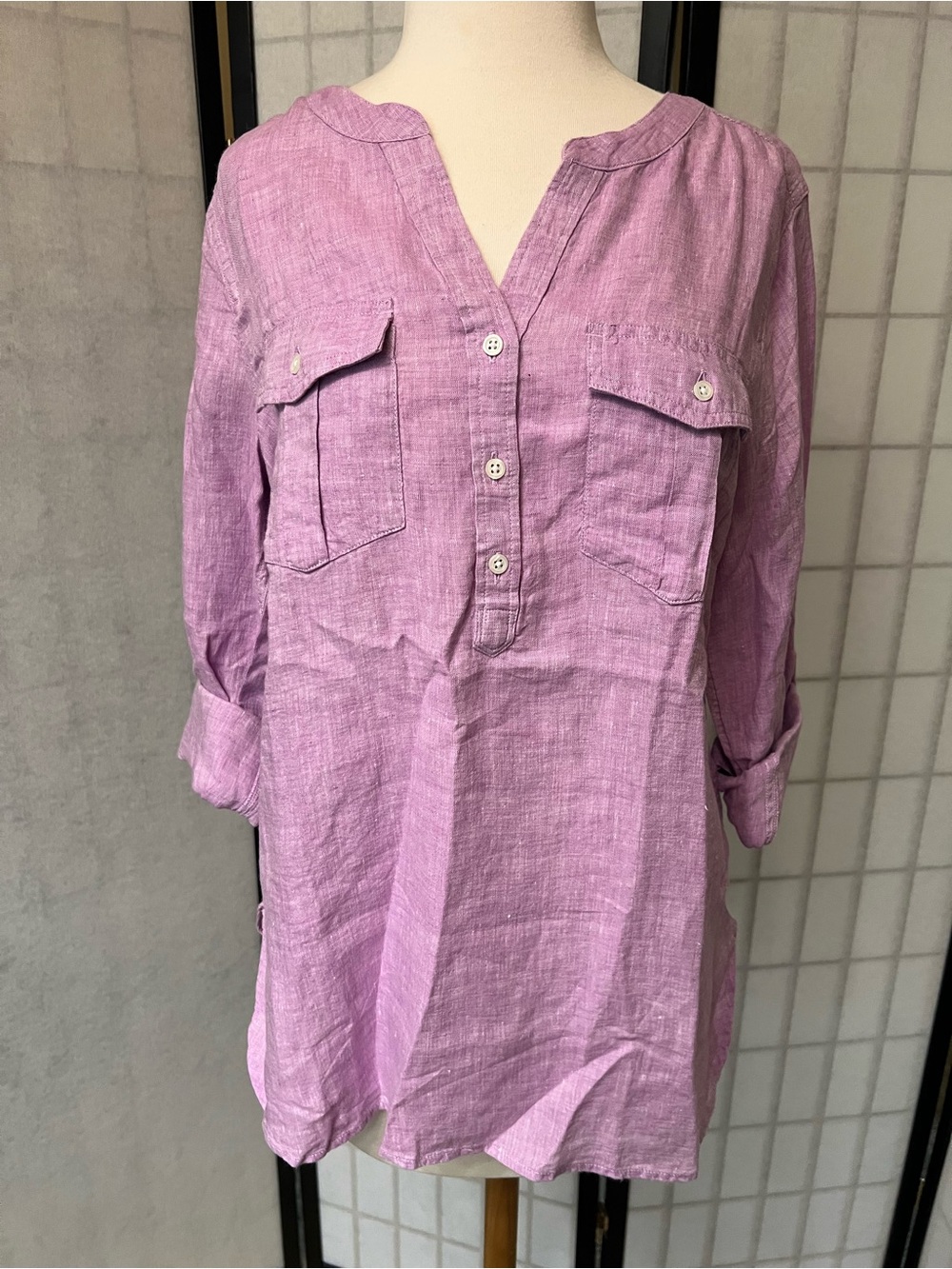 Talbots Lavender Linen Button-Placket Tunic w/Chest Pockets and Rolled Sleeves